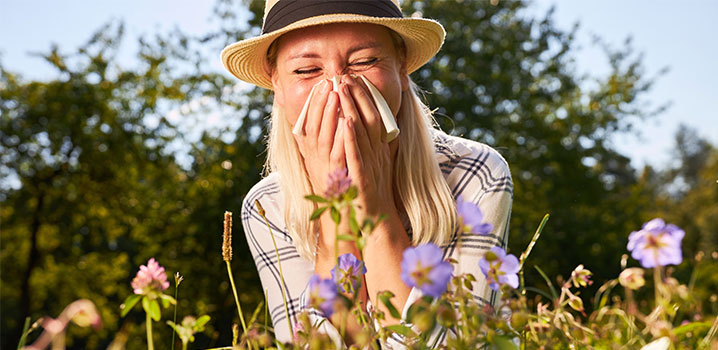 Junge Frau befindet sich auf Blumenwiese und muss niesen