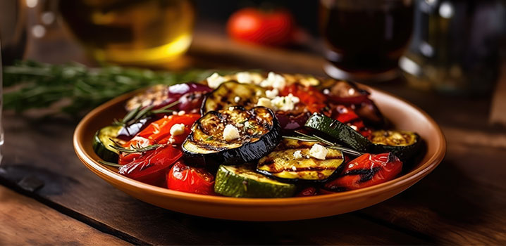 Teller mit gegrillter Zucchini, Paprika, Tomaten und Käse