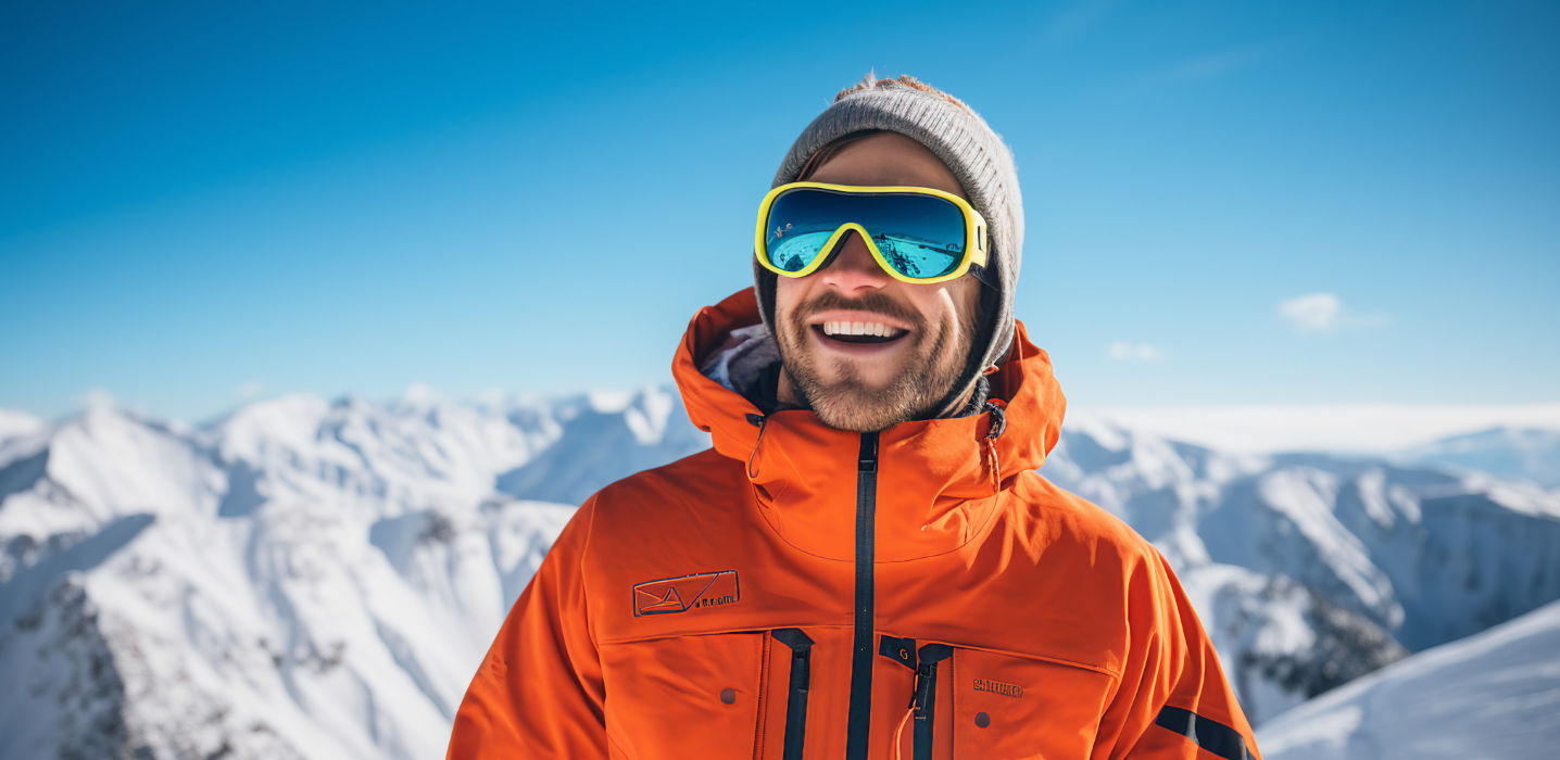 Mann mit Sonnenbrille mit Bergen und Schnee im Hintergrund