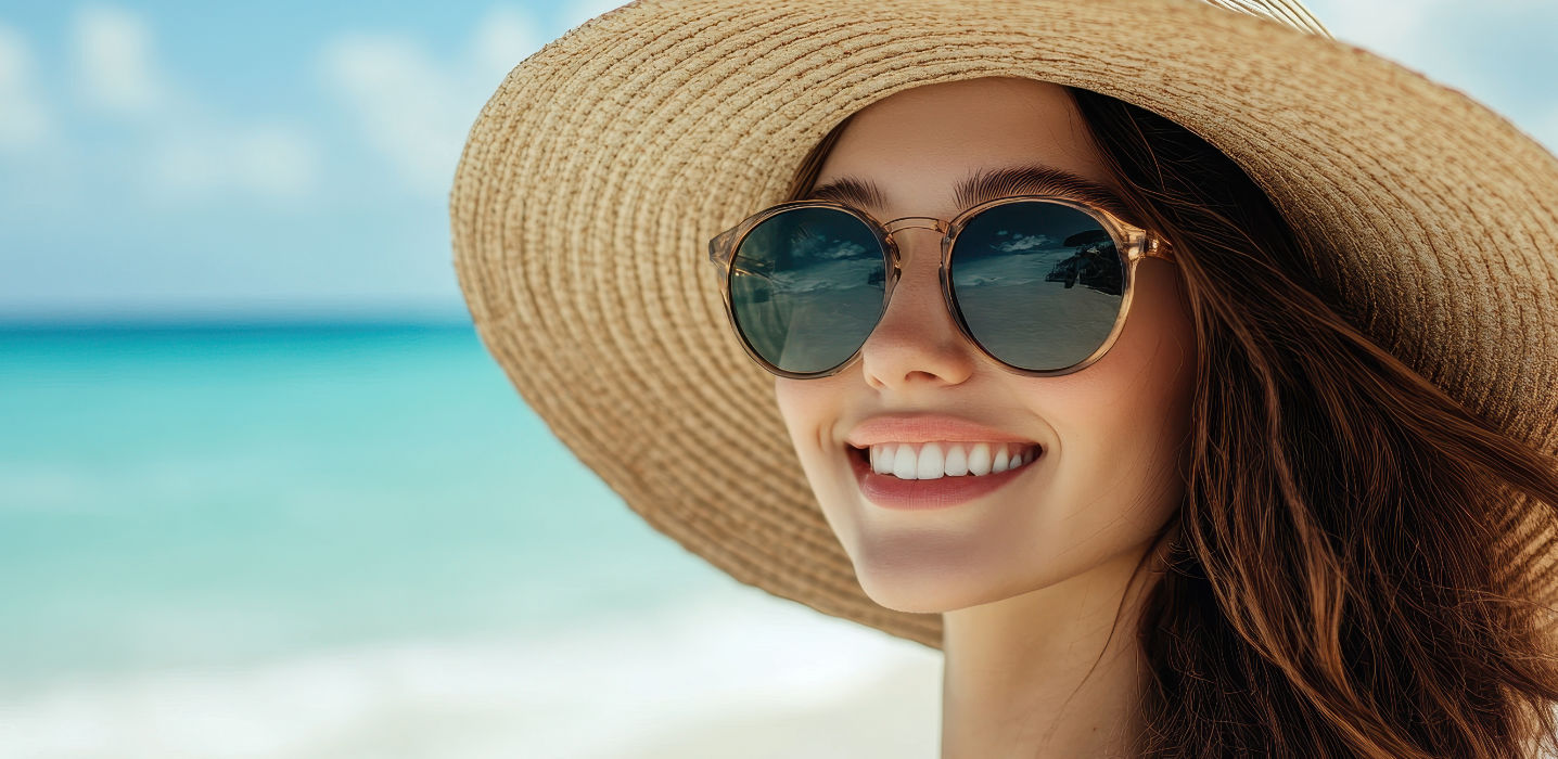 Junge Frau mit Sonnenbrille und Sonnenhut am Meer